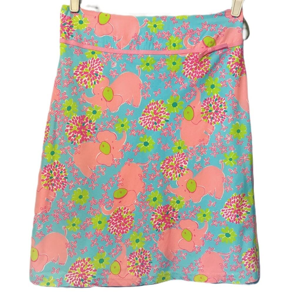 Lilly Pulitzer Skirt Size 10 Estimated Blue Pink Elephant Pattern Ribbon‎ Detail